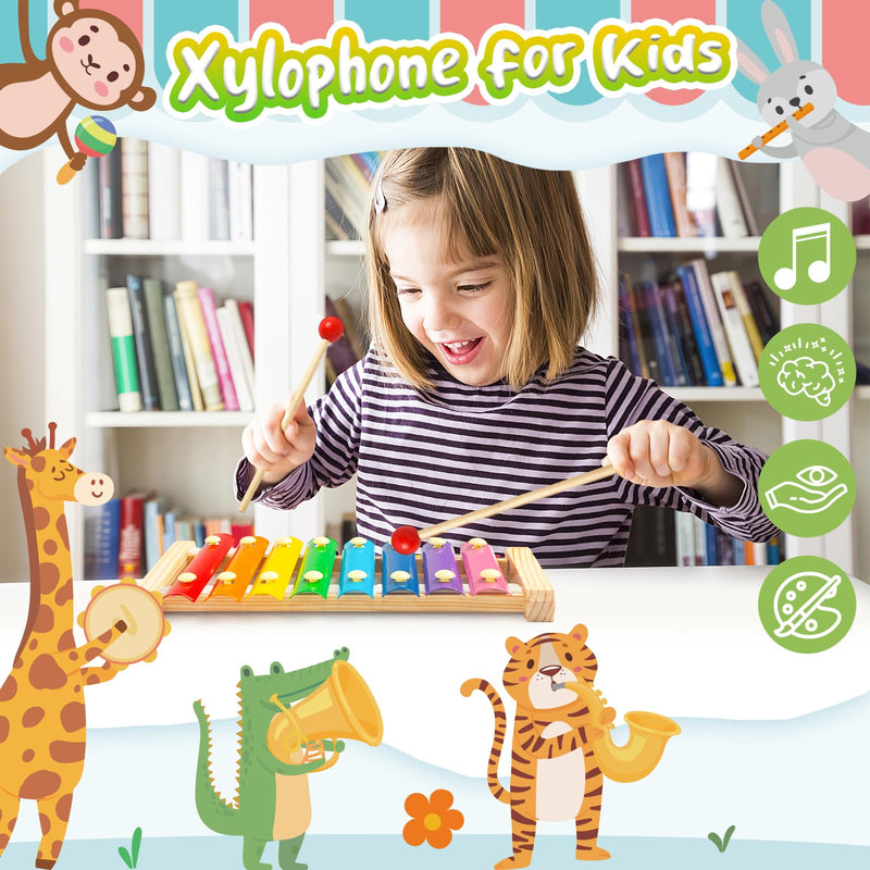 LovesTown Kids Wooden Xylophone 2 Packs, Children Xylophone Toy with Child Safe Mallets 8 Diatonic Keys Xylophone Musical Toys