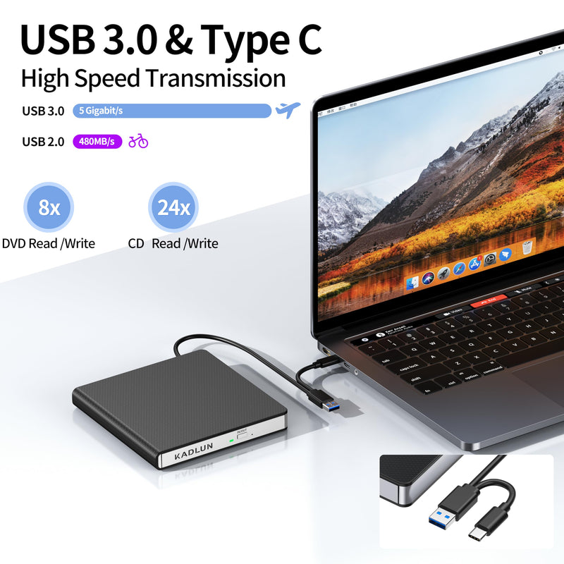 [AUSTRALIA] - External CD DVD Drive for Laptop USB 3.0 USB C CD Burner External DVD Drive Portable CD ROM Burner Reader Writer Drive External DVD Player for Laptop Desktop PC Windows 11/10/8/7 MacBook Mac OS Linux black-2 in 1 
