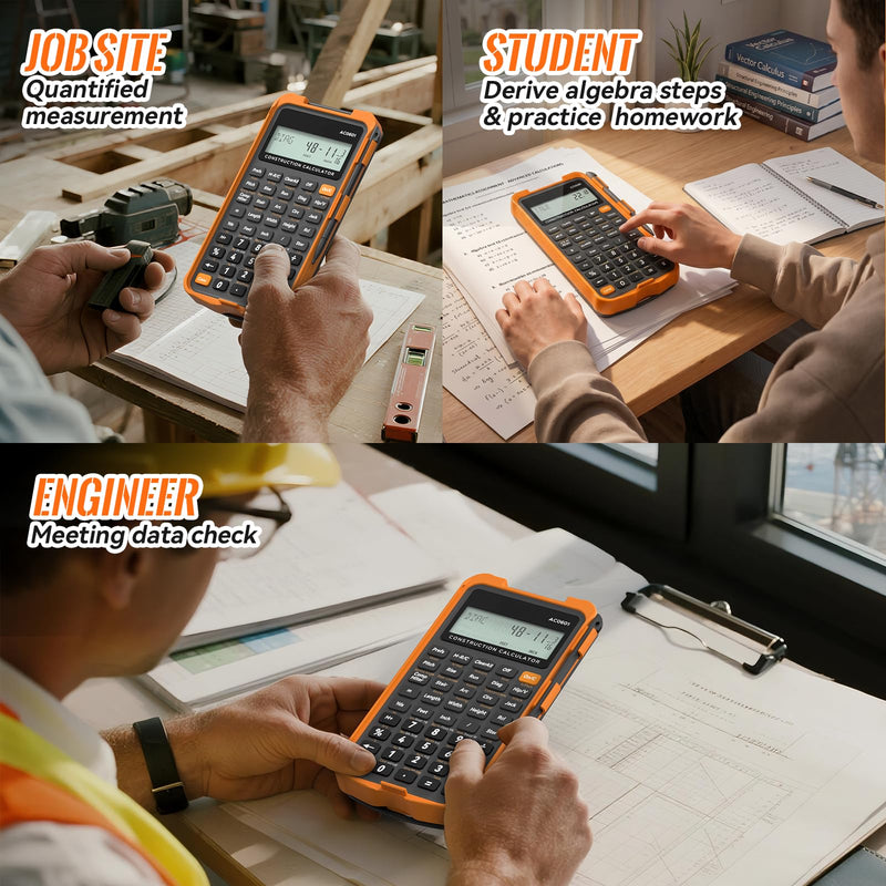 Construction Calculator Engineering Calculator with Writing Tablet | Professional Math Tool for Contractors, Carpenters, Feet-Inch-Fraction Converter with Sturdy Protective Cover Gray Orange Construction Calculator with Writing Tablet