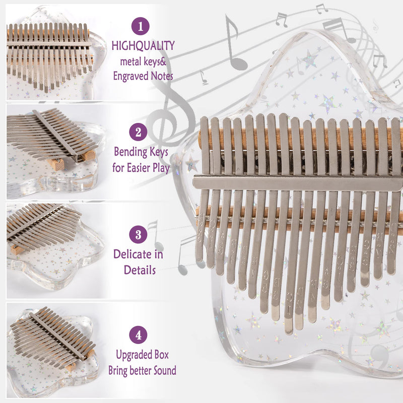 [AUSTRALIA] - Cute Kalimba Thumb Piano 17 Keys-Star Crystal Acrylic Finger Piano-Portable Mbira Musical Instruments Cute Christmas Gift with Tune Hammer and Study Instruction for Adults Beginners Star 
