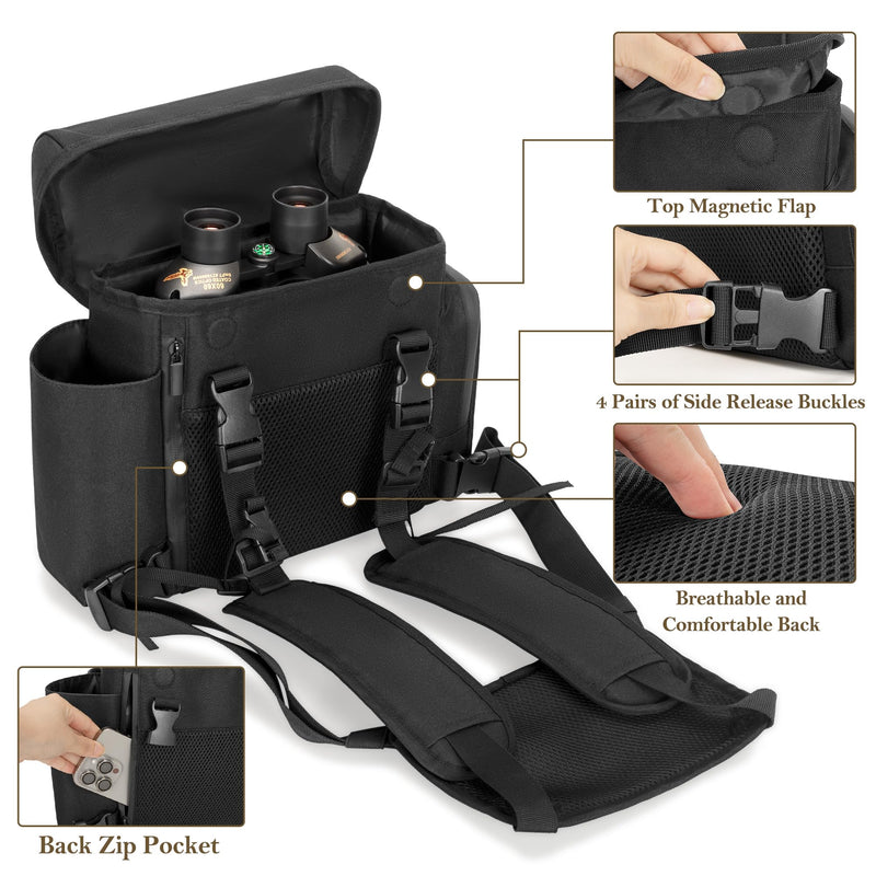 CURMIO Binocular Harness Chest Pack, Binos Case with Adjustable Strap for Bird Watching, Hiking and Shooting, Black(Bag Only)