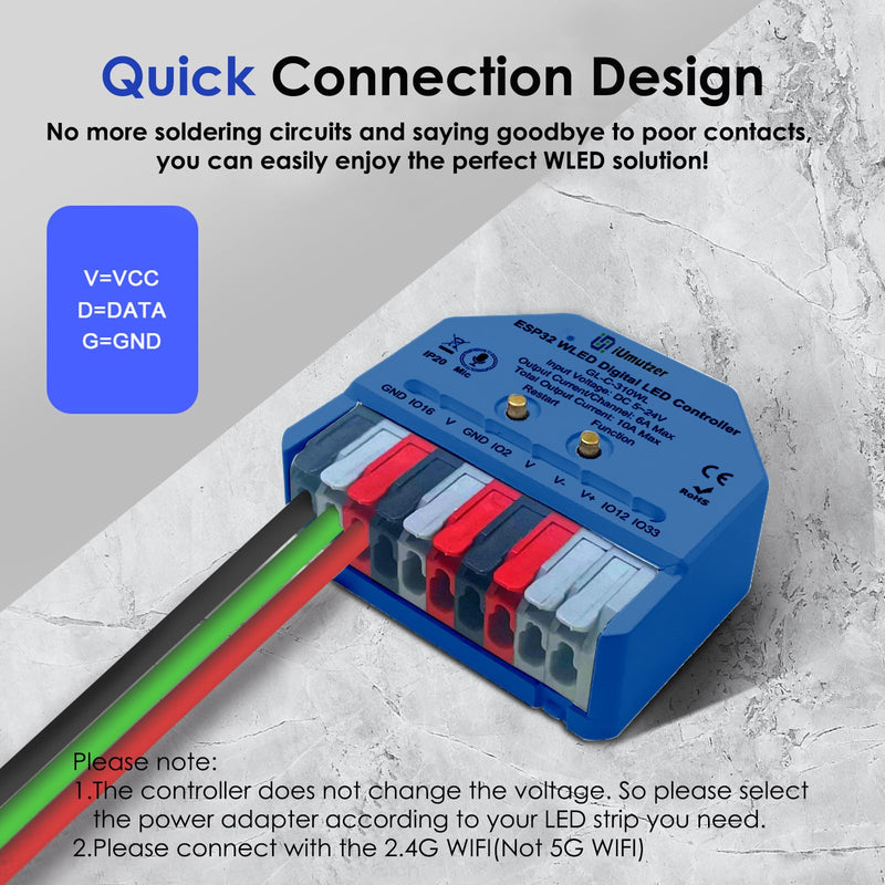 Compact WLED Controller with Mic, ESP32 DC 5V-24V Addressable LED Controller Digital RGB IC (WS2811 WS2812B SK6812 WS2815) WLED Open Source Firmware Pre-Installed