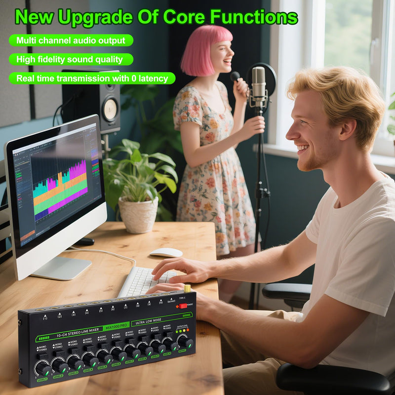 10 Channel Mixer, Compact Mini Mono/Stereo Audio Mixer Line Mixer for Sub-Mixing, Ultra-low Noise 6.35mm 1/4" TRS Input/Output, 5V/2A Sound Mixer for Mics/Keyboards Mixer/Guitars/Bass/Stage