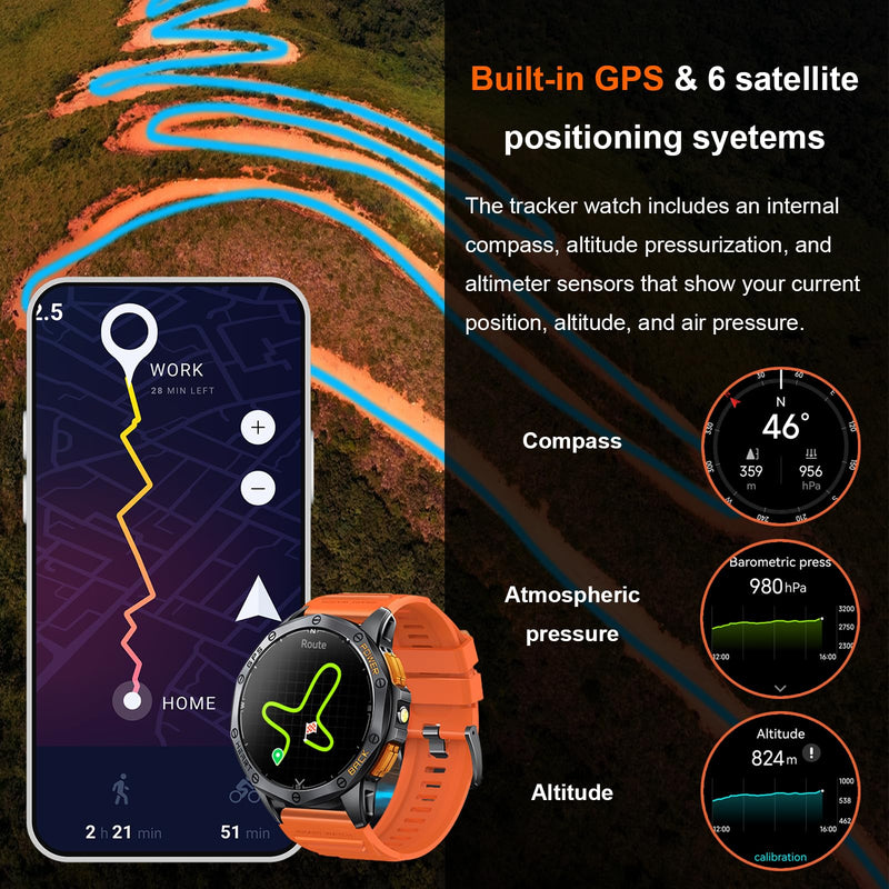 Military Smart Watch for Men, Built-in GPS, 30-day standby, 1.43" AMOLED | Compass & Altimeter for outdoors，Tactical flashlight, 170+ Sport Modes & Bluetooth Calls. iOS/Android Compatible. Black & Orange (2 Bands)