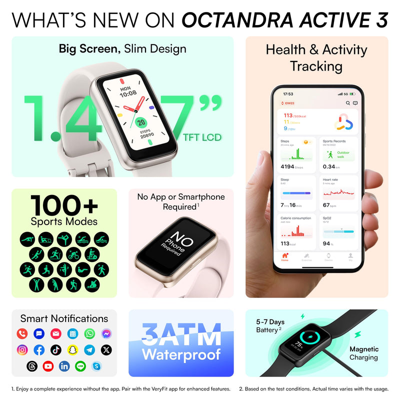 OCTANDRA Active 3 VeryFit Fitness Tracker Heart Rate SpO2 Blood Oxygen Saturation Sleep Monitor 1.47" Screen Activity Step Counter Pedometer 3ATM Waterproof Smart Watches for Men Women (IDB05) (White)