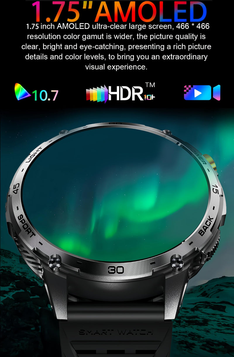Military Smart Watch, 1.75" Crystal Ultra-Clear AMOLED Display,Spo2 Blood Oxygen Heart Rate Monitor Super Long Standby 730mAh Battery, Bluetooth Calling,LED Flashlight,IP68 Waterproof (Black) Black