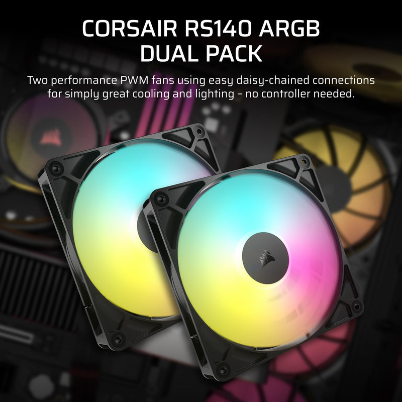 CORSAIR RS140 ARGB 140mm PWM Fans – Daisy-Chain Connection – Low-Noise – Magnetic Dome Bearing – Dual Pack – Black 2 x 140mm