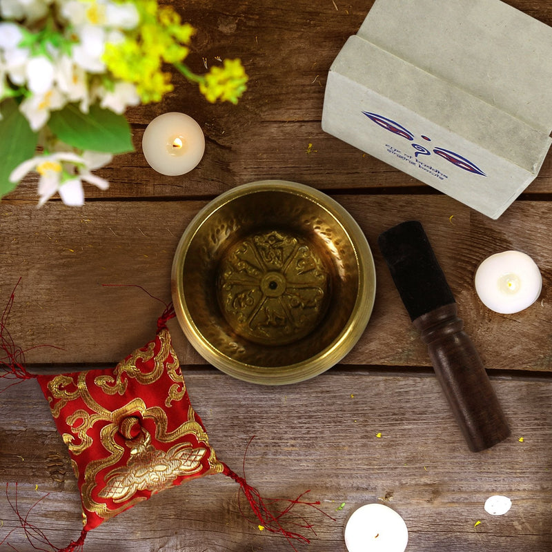 Eye of Buddha Traditional Tibetan Crafstmanship Hand Hammered Singing Bowl Set With Mallet & Red Silk Cushion For Meditation, Chakra Healing, Prayer, Yoga, and Mindfulness - 3.75 Inches
