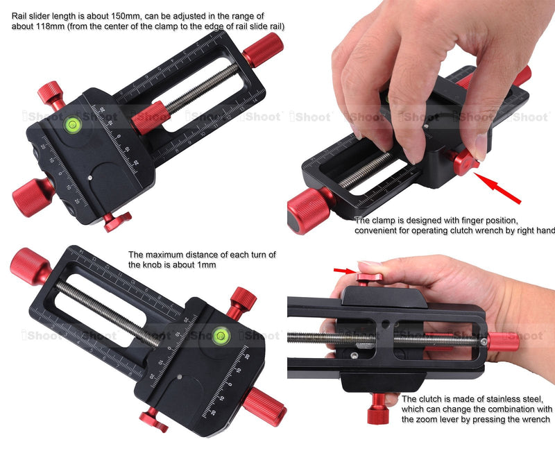 Universal 150mm Macro Focusing Rail Slider Close-up Shooting Head Camera Support Bracket Holder with Arca-Swiss Fit Clamp and Quick Release Plate in Bottom for Tripod Ballhead