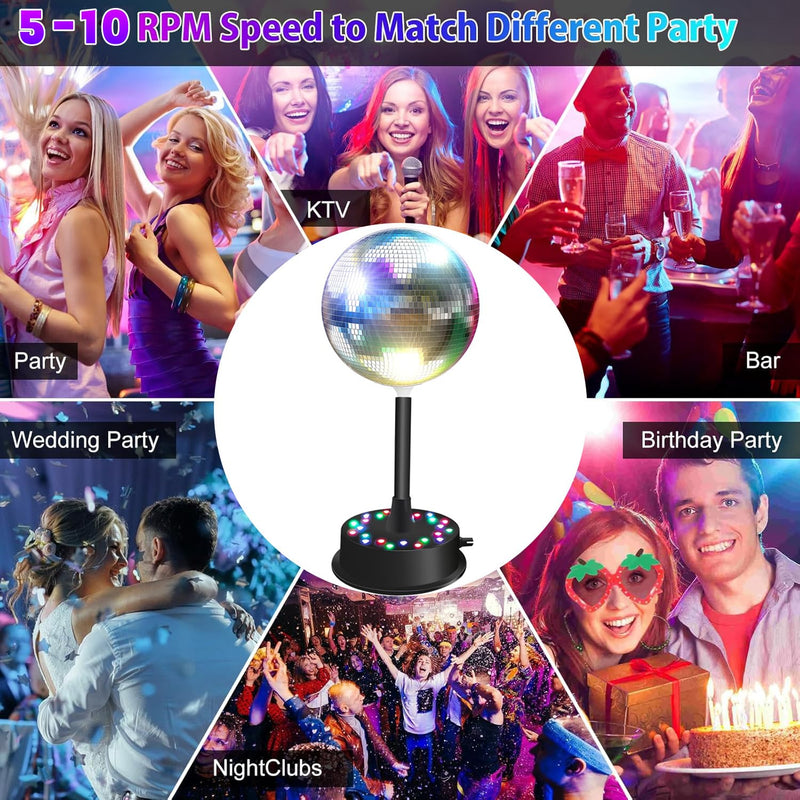 Remote RGBW Rotating Mirror Ball Light,5-10RPM Adjustable Speed Light Up Spinner 23 LED Disco Motor with 6" Mirror Ball for Birthday Party Decor