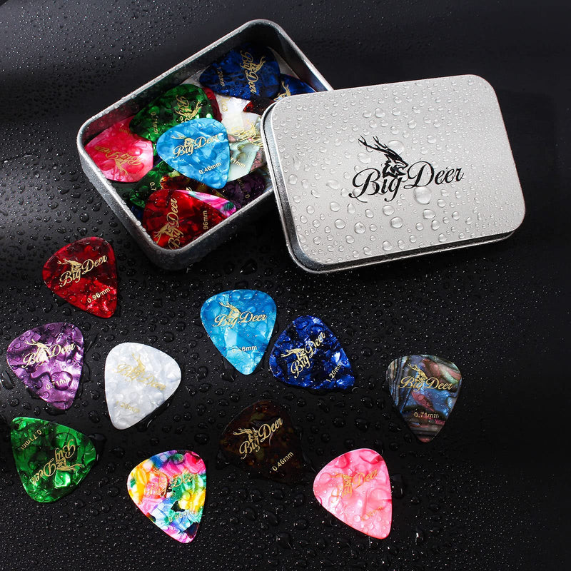 [AUSTRALIA] - 30 Pack Bright celluloid guitar picks, including 0.46mm, 0.71mm, 0.96mm and 1.2mm picks for acoustic guitars, ukulele, bass in tin case,comes with two guitar pick holders 