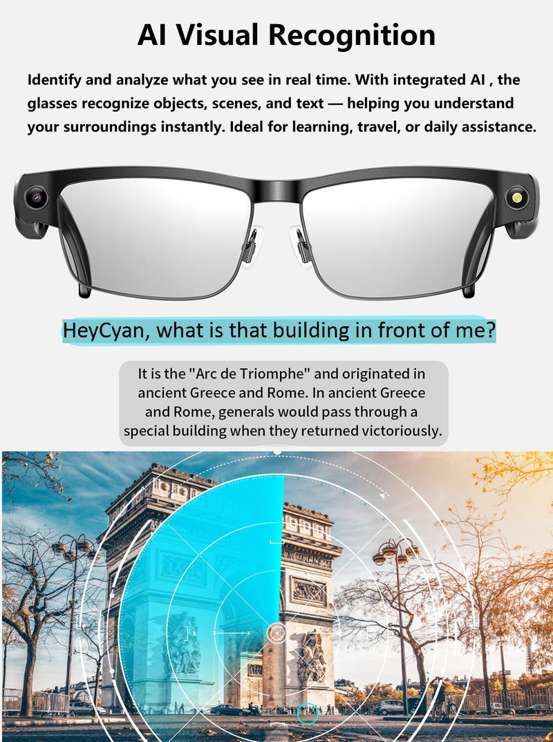 AI Smart Glasses with 8MP HD Camera Recording Voice Assistant Real-Time AI Translation Open-Ear Audio Music Noise Canceling Mic Object Recognition Bluetooth Glasses for Men Women Silver-Clear lens glasses