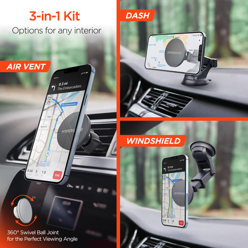 HyperGear Mag Grip Magnetic Phone Holder for Car - 3 in 1 Car Phone Mount Kit for Vent, Dashboard and Windshield, Compatible with iPhone and Android