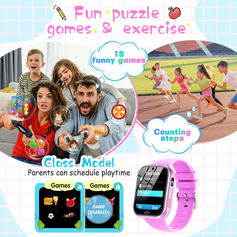 Smart Watch for Kids, Kids Smart Watch Toys 19 Games Touch Screen Watch Camera Music Video Pedometer Calculator Alarm Clock Learn Card Audio Book Calendar, Gift for Boys Girls Ages 4-12 (Rose) Rose