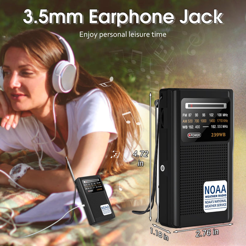 [AUSTRALIA] - Greadio NOAA Weather Radio, Stereo Earphone Jack,AM/FM Battery Operated Transistor Portable Radio with Best Reception,Powered by 2 AA Battery for Emergency,Hurricane,Running, Walking,Home(Black) Black 