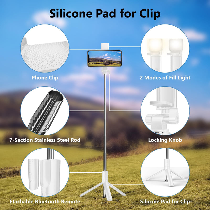 [AUSTRALIA] - Selfie Stick Tripod, 40 in Retractable Phone Tripod with Wireless Remote Control & Light, Portable Selfie Stick Tripod for Photograph, Live Streaming, Video Recording, Compatible with All Cellphones White 