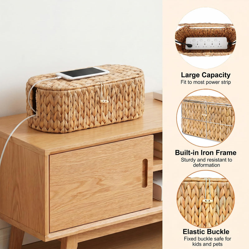 Set of 2 Cable Management Box, Handwoven Cord Hider Box with 3 Open Slots | Cable Organizer Box with Lockable Lid, Cord Storage Box to Hide Power Strip, Router, USB Hub, TV Wires for Home, Office Water Hyacinth