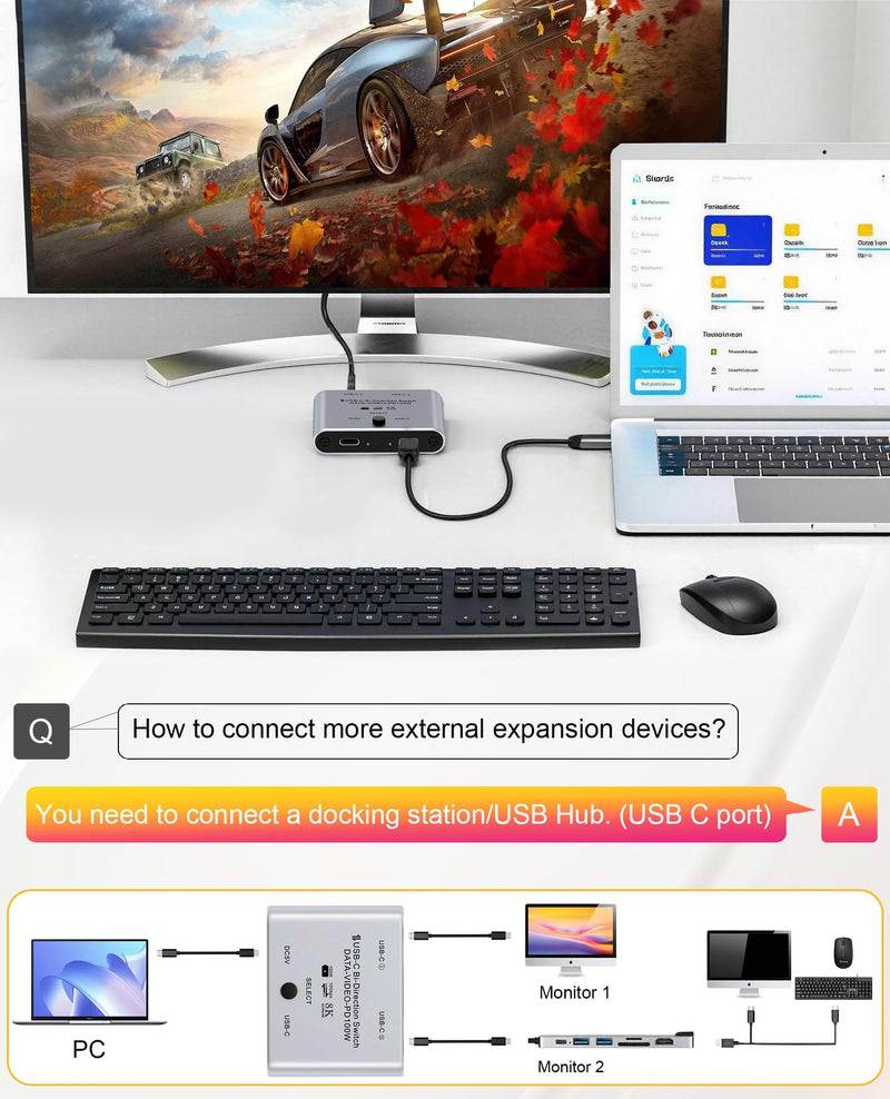 8K USB C Switch, Bi-Directional USB C Switcher for 2 Computers - 8K@60Hz/4K@120Hz Video + 100W PD Charging + 10Gbps Data Transfer, 1 in 2 Out / 2 in 1 Out USB C Splitter Switch with Power Cable