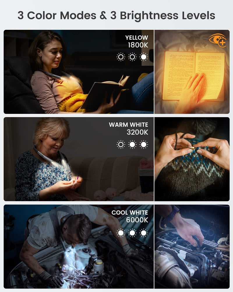 Glocusent Upgraded LED Neck Reading Light, Eye Caring Book Light for Reading in Bed, 30-min Timer, 3 Colors & 3 Brightness, Rechargeable & Long Lasting, Perfect for Reading, Knitting & Repairing Upgrade-grey