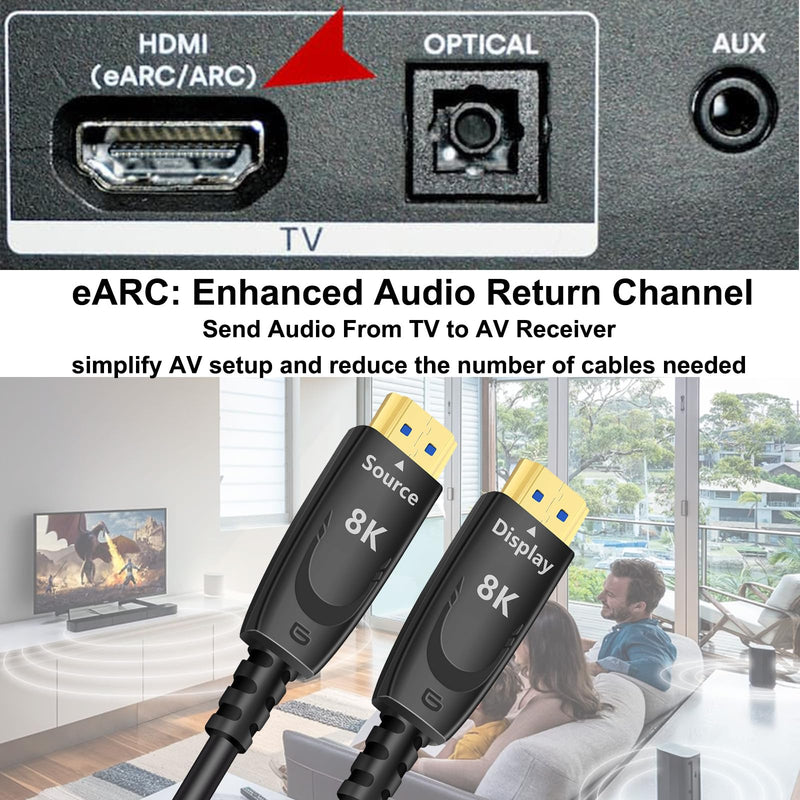 DTECH 8K Fiber Optic HDMI Cable 50ft 2.1 eARC 48Gbps 4K 120Hz 8K 60Hz Ultra High Speed Gaming Long HDMI Cord HDR HDCP in Wall Rated Compatible with Soundbar TV PS5 PS4 Xbox 1440p 240Hz Monitor