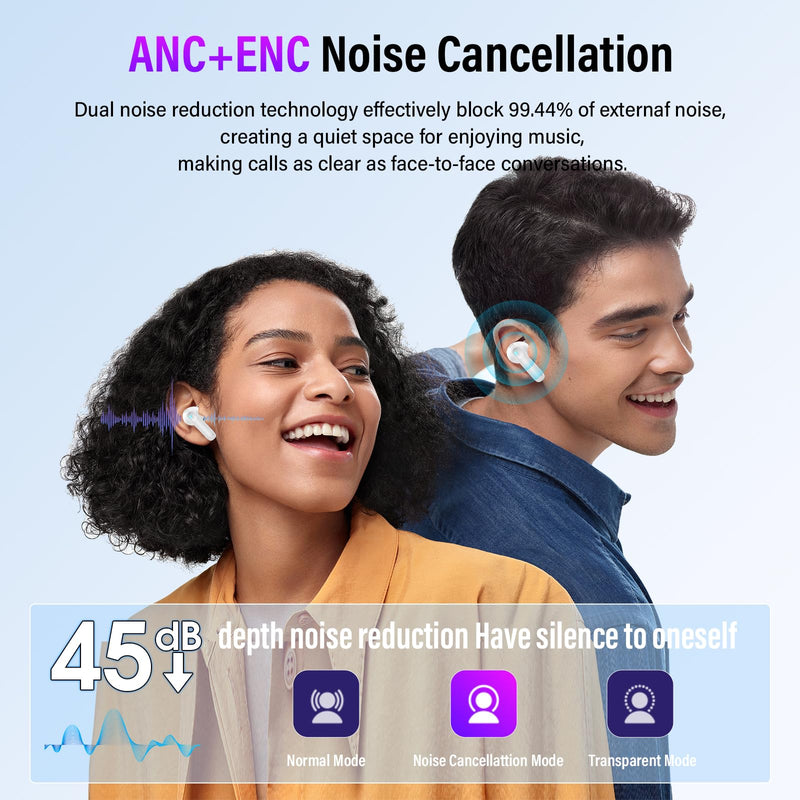 Wireless Earbuds, Bluetooth 5.4 Ear buds with Multifunctional Touch Screen, 48H Bass Stereo Headphones with ANC/ENC Noise Cancelling/Transparency mode, IPX7 Earphones with 5 EQ Modes, Ivory White