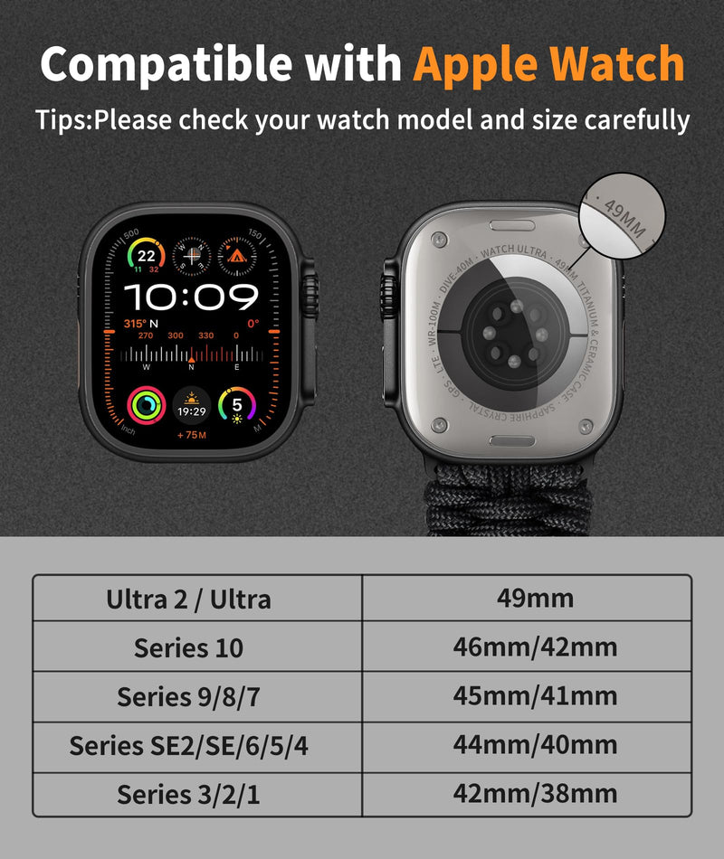 BINLUN Compatible with Apple Watch Band 49mm 46mm 45mm 44mm 42mm 41mm 40mm 38mm Braided Paracord Stainless Steel Sport Watch Strap Fit for iWatch Ultra Series 11/10/9/8/7/SE/6/5/4/3/2/1 for Men Women Gray-Black