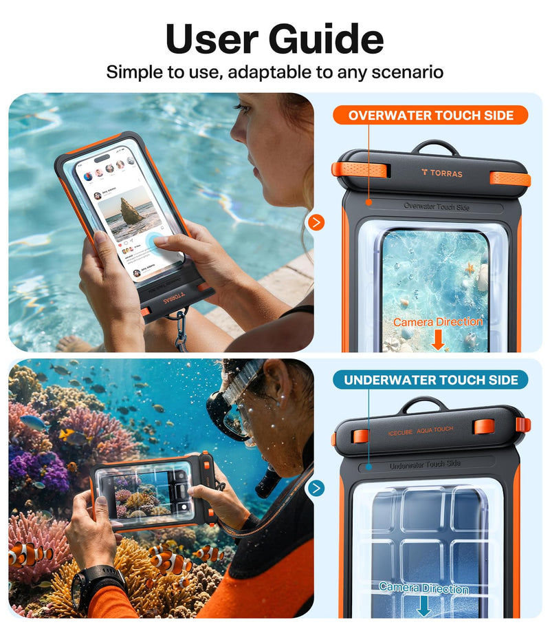 TORRAS IPX8 Waterproof Phone Pouch Floating, Underwater Screen Touchable | Black & White, 2 Pack Universal Waterproof Phone Case with Lanyard, Snorkeling, Beach, Cruise, Travel Essentials, 7.0 Inch 2 Pack-Black & White