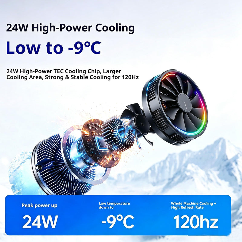 Magnetic Cell Phone Cooler for Gaming, 24W Cellphone Cooling Fan with RGB | Silent Phone Cooler with Screen Display, Four-speed Smart Temp Control Phone Radiator for iPhone Android Series Phone Tablet