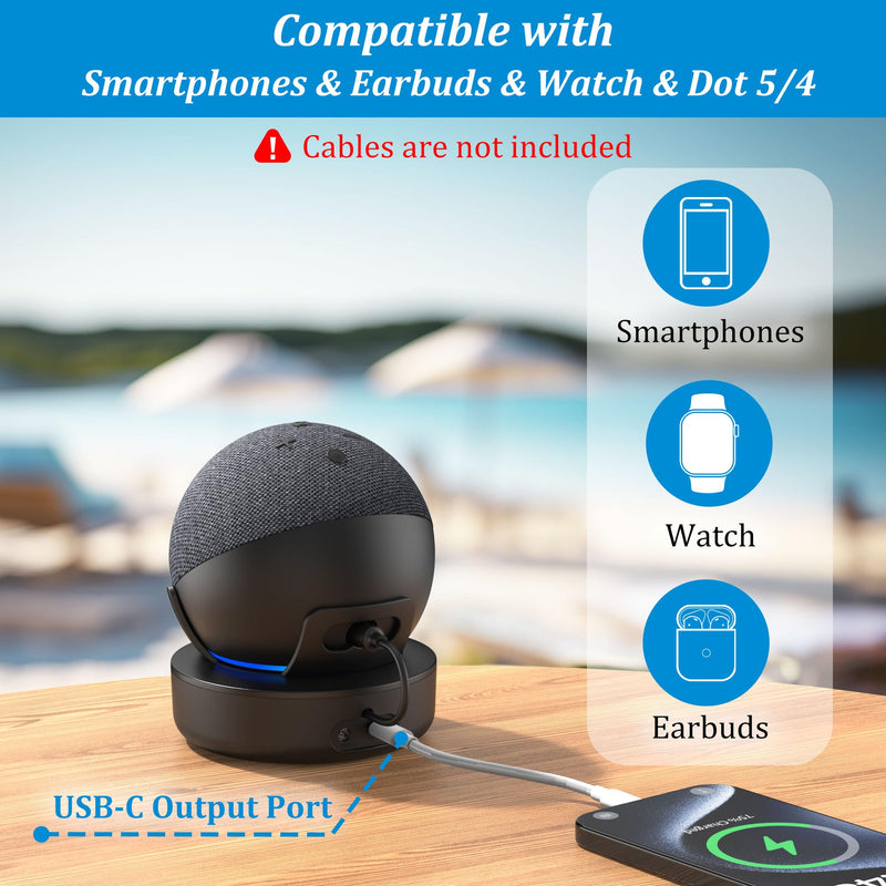 [AUSTRALIA] - PlusAcc Battery Base for Dot 5th Gen & Dot 4th Gen & Cellphones - 5000 mAh Portable Charger Stand Holder, Rechargeable Charging Dock Station for Dot 5 & Dot 4 & Smartphones & Earbuds (Black) Black 