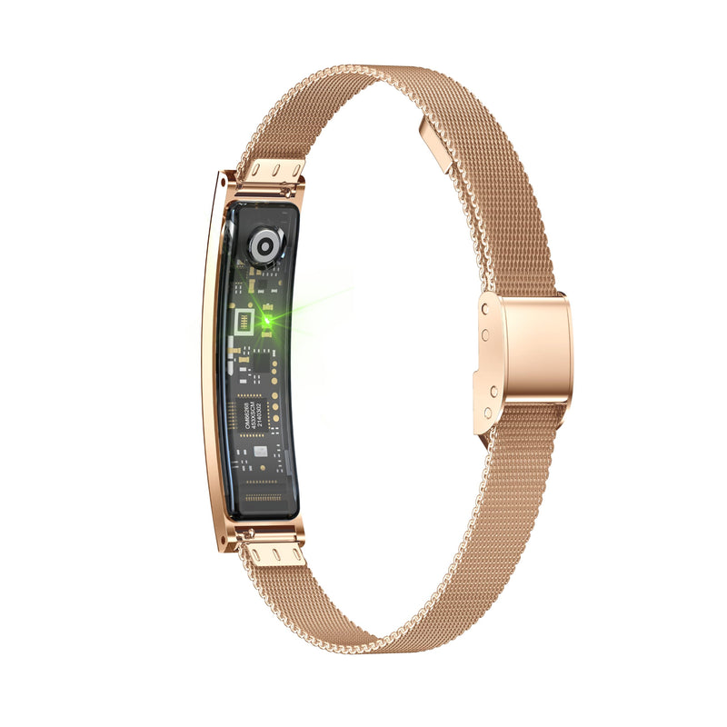Smart Bracelet for Men Women with 2 Bands 24/7 Fitness Health Tracker | Heart Rate/Pressure Detection/Sleep Monitor, 5ATM Waterproof Fashion Wristband with Multiple Sport Modes Android iOS Gold Steel + Black Silicone