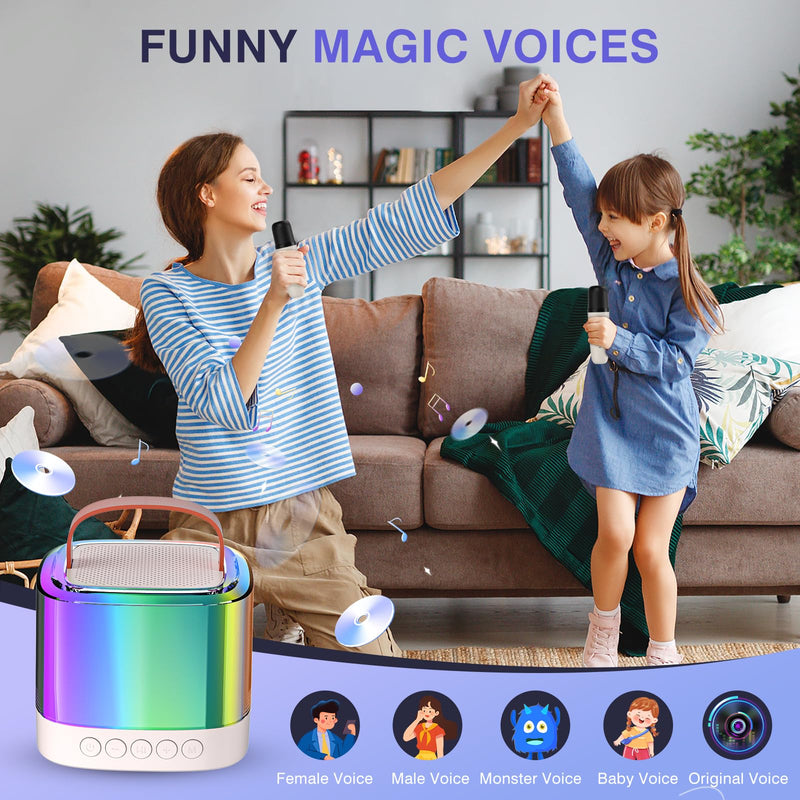 Mini Karaoke Machine for Kids Adults, Portable Bluetooth Karaoke Speaker with 2 Wireless Mics and LED Color Lights, Inside The Car, Party, Home KTV, Birthday for Girls/Boys Ages 3-12+, Beige