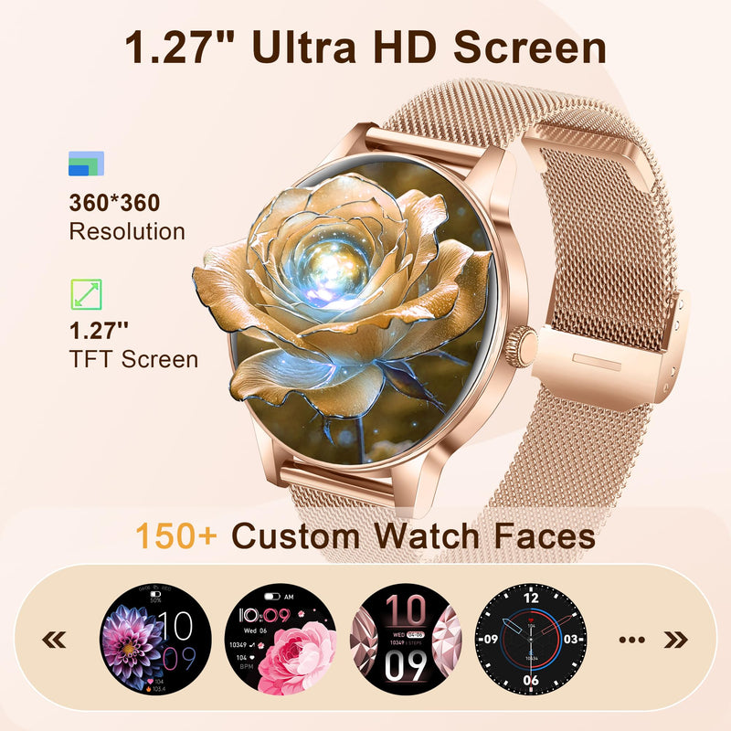 Smart Watches for Women, 1.27" HD Round 3 Bands Rosegold | Fitness Tracker for Android Phones & iPhones, Answer/Make Calls, Sleep Monitor, IP68 Waterproof, 110+ Sport Modes