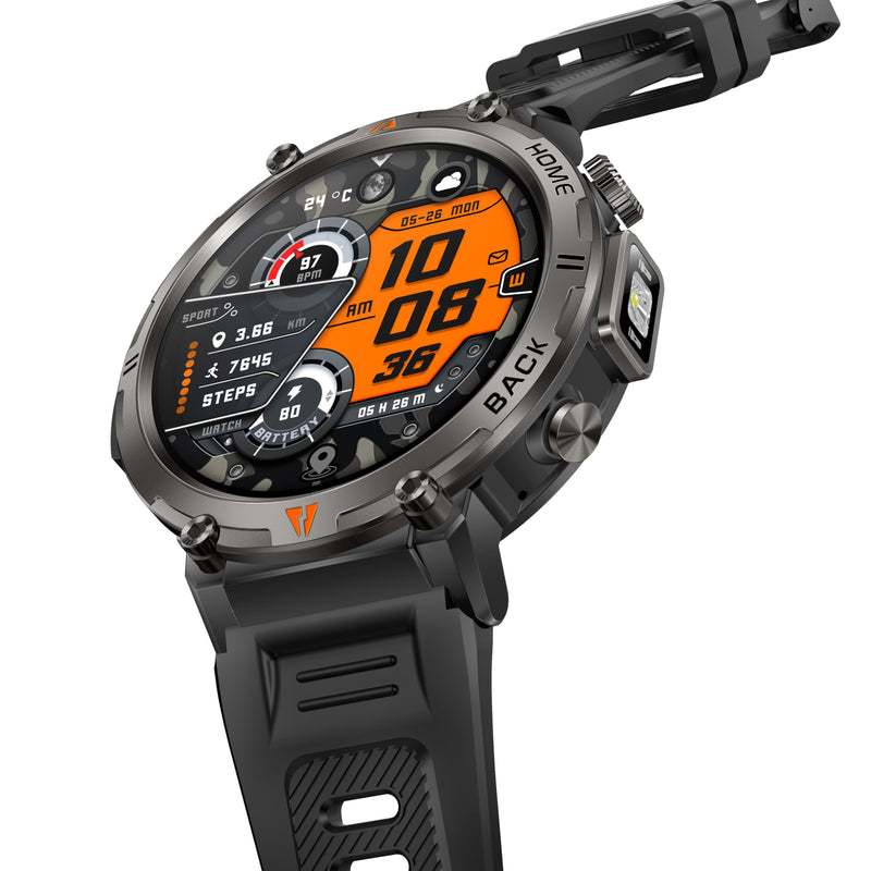 Military Smart Watches for Men Built-in GPS LED Flashlight Smartwatch | Rugged Tactical Smart Watch 3ATM Waterproof Compass Calls 530mAh Battery Fitness Tracker with HR/Sleep Monitor iOS Android KE3P Black