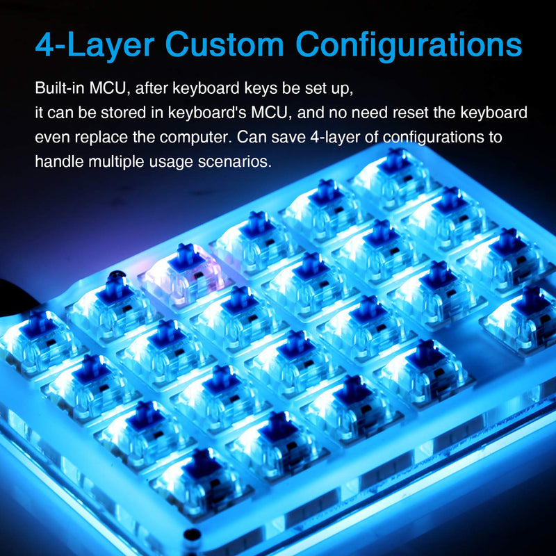 Koolertron One Handed Macro Mechanical Keyboard, Portable Mini One-Handed Mechanical Gaming Keypad 23 Fully Programmable Keys ((Blue Backlit/Blue switches)) White/Blue backlit/Blue switches