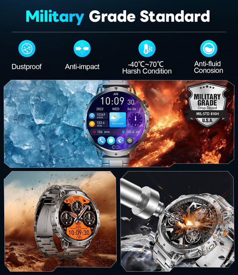 LIGE Military Smart Watches for Men(2 Bands),1000mAh/1.85" HD Large Screen Smartwatch, Flashlight/110+ Sports Modes/Sleep Monitor, Fitness Tracker Watch for Android iOS,Black Black
