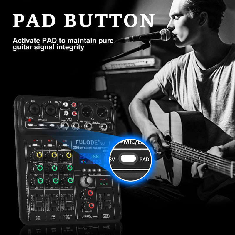 4 Channel Mixer DJ Audio Mixing Console with 256DSP, Small Music Sound Mixer Board Supports USB Bluetooth MP3 Computer Input, 48V Phantom Power & PAD Function for Recording Studio Streaming V14