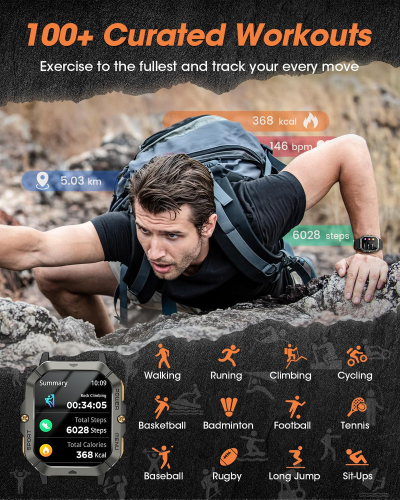 Military Smart Watches for Men (Answer/Make Calls), 2.02'' Fitness Smart Watch for Android and iPhone, Waterproof Fitness Tracker with Blood Pressure/Heart Rate/Sleep/100+ Sport Modes, Watches for Men Black