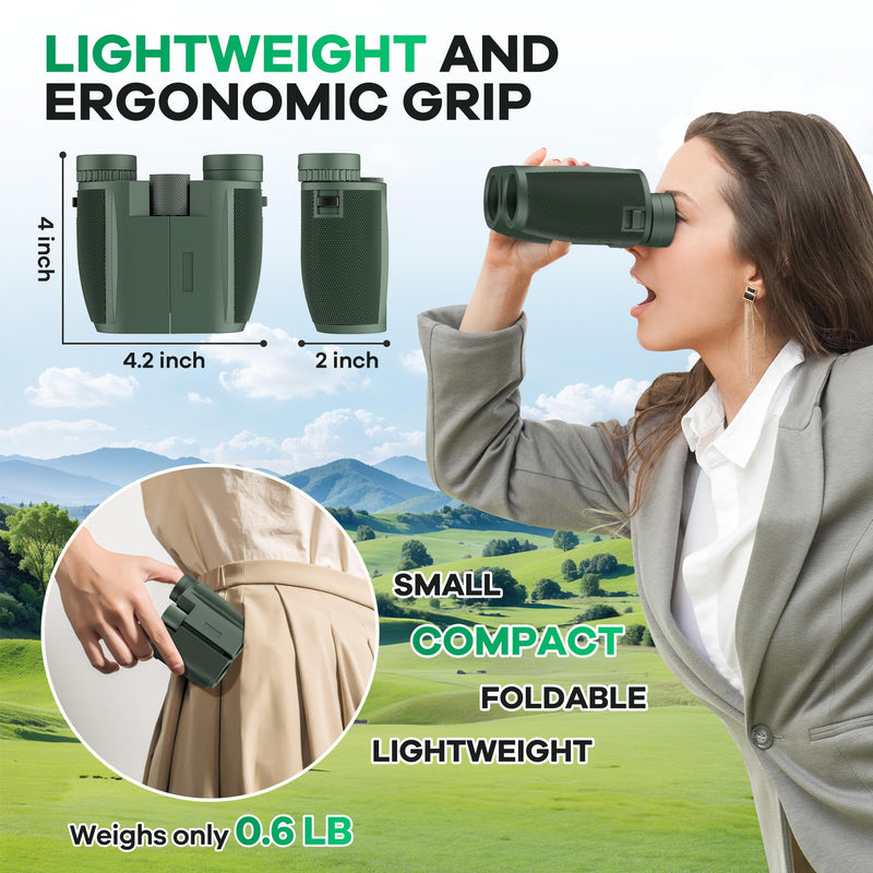 [AUSTRALIA] - Leacco 10x25 Compact Binoculars for Adults and Kids, Large View Waterproof Small Binoculars with Low Light Vision BAK4 Prism FMC Lens for Cruise Ship Bird Watching Travel Hunting, Military Green 