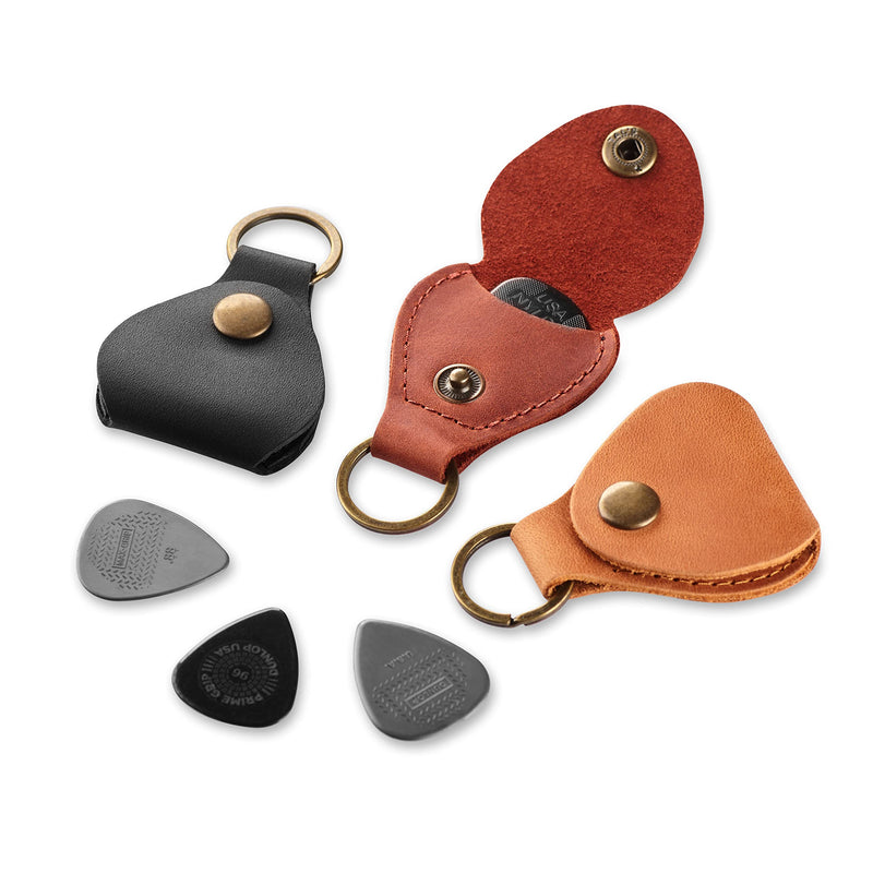 Leather Guitar Pick Holder Keychain, Guitar Pick Holder Case Bag, Plectrum Key Fob Cases Bag, Gift for Guitar Players (Cognac) Cognac