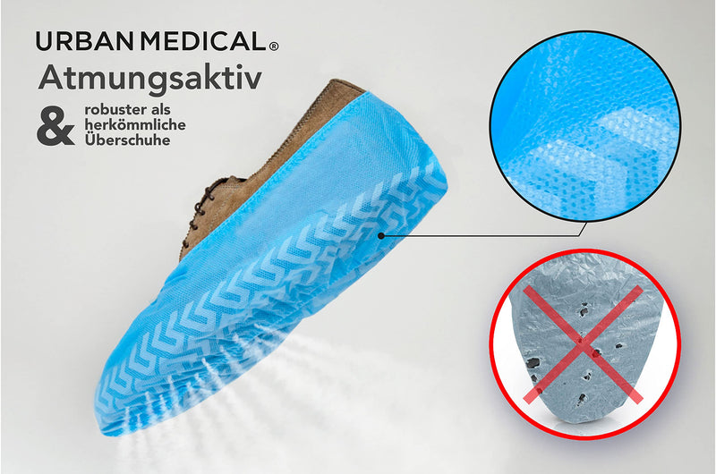 URBAN MEDICAL 100 x Breathable 6 g Disposable / Reusable Shoe Covers with Non-Slip Sole - Safe Step - Tear-Resistant and Puncture Proof - Overshoes for Indoor and Outdoor Use - One Size