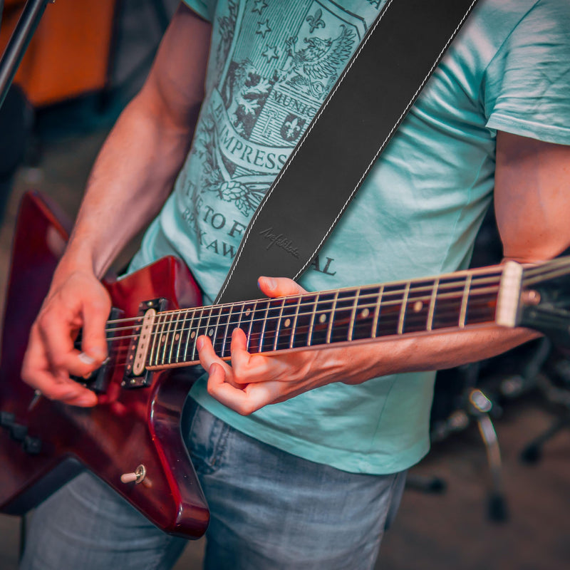 Nefelibata Guitar Strap, 3-inch Wide Full Grain Leather, Extra Wide Lightweight and Soft for Men and Women for Acoustic, Bass and Electric Guitar Frosted Black