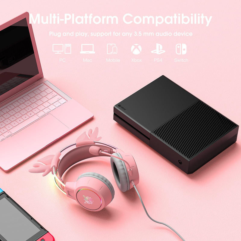 [AUSTRALIA] - Lightweight Gaming Headset with Detachable Deer Ears, RGB Lighting, Wired Over Ear Headphones with Mic for PC, PS4, PS5, Xbox, Switch, Stereo Surround Sound, Self-Adjusting Headband Pink Deer Ear 