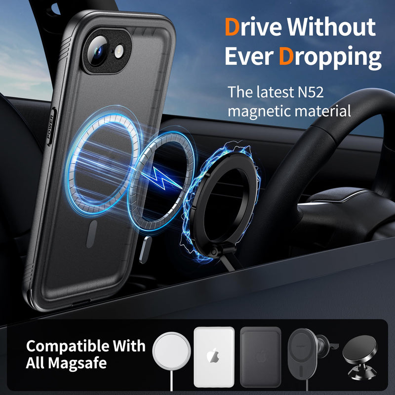 Cozycase for iPhone 16e/iPhone 17e Waterproof Case Heavy Duty Full Body | Compatible with MagSafe 360 Shockproof Dustproof with Screen Camera Protector Double IP68 Water Dust Drop Proof Cover Black Black/Mag For iPhone 16e/17e