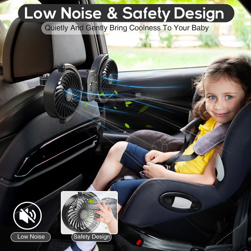 Dealswin Rechargeable Car Fan for Backseat Kids Baby, Battery and USB Dual Power Car Fans, Powerful 3 Speeds 360° Rotatable Dual Head Cooling Car Seat Fan for Sedan SUV RV Truck Vehicle