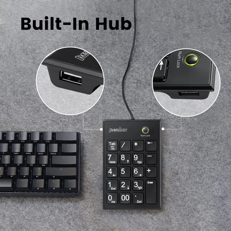 Perixx Peripad-202H Wired Slim Numeric Keypad, X Type Scissor Keys with 2 USB Hubs and Tab Key, Black USB with 2 Hubs