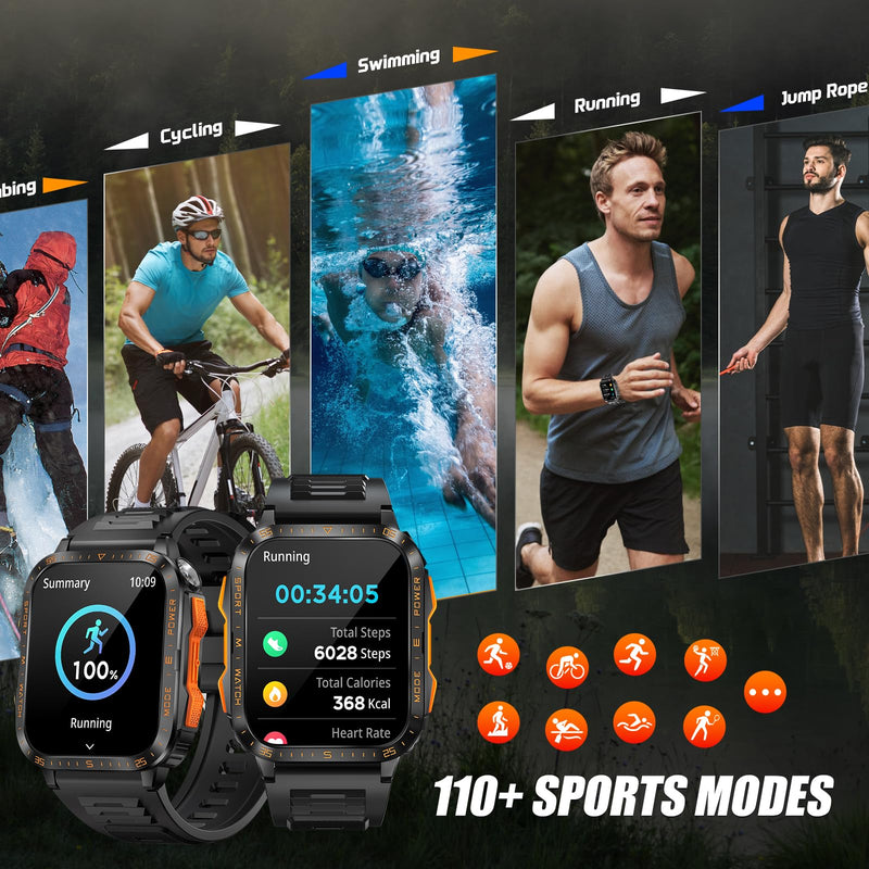 Military Smart Watch for Men with Call/LED Flashlight 1.96" Big Screen | 3ATM Waterproof Rugged Tactical Smartwatch with 100+ Sports Modes, Fitness Tracker with HR/Sleep Monitor for iPhone Android