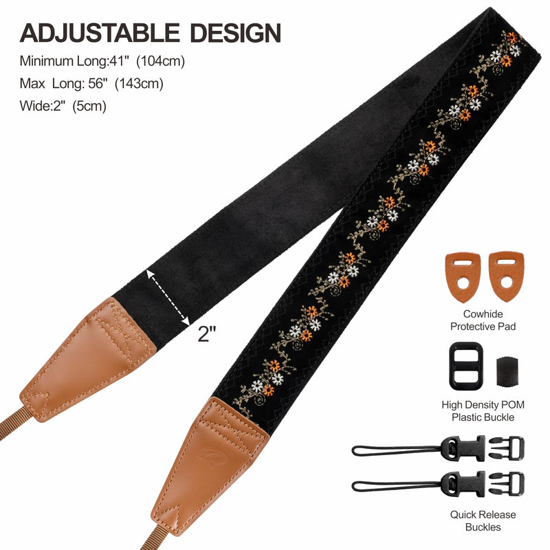 Padwa Lifestyle Camera Strap - 2" Full Grain Leather Ends Camera Straps for Photographers, Vintage Embroidered Cotton Weave Soft Suede Fabric Padded Strap Quick Release fits All Cameras Mustard Flowers 2 inch Wide / Adjustable 41~56 inch