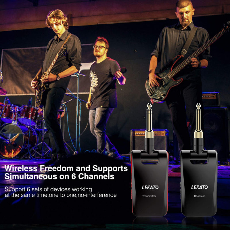 [AUSTRALIA] - LEKATO Wireless Guitar System 2.4GHz Rechargeable Audio Wireless Transmitter Receiver 6 Channels for Guitar Bass Electric Instruments, Stereo and Mono 1/4” & 1/8” 2 in 1 Plugs,Black(WS-60) black 