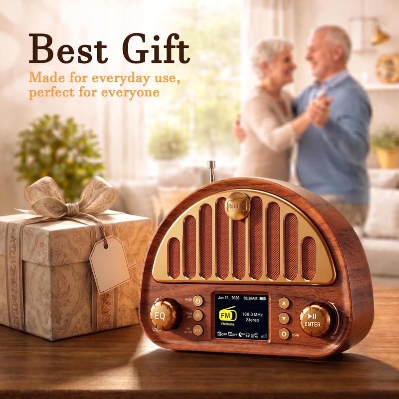Eoxsmile Retro Portable FM Radio with NOAA Weather Alert & Bluetooth | MicroSD playback, 40 presets, dual alarms, sleep timer, clock/date display, 3000mAh rechargeable battery for bedroom and home