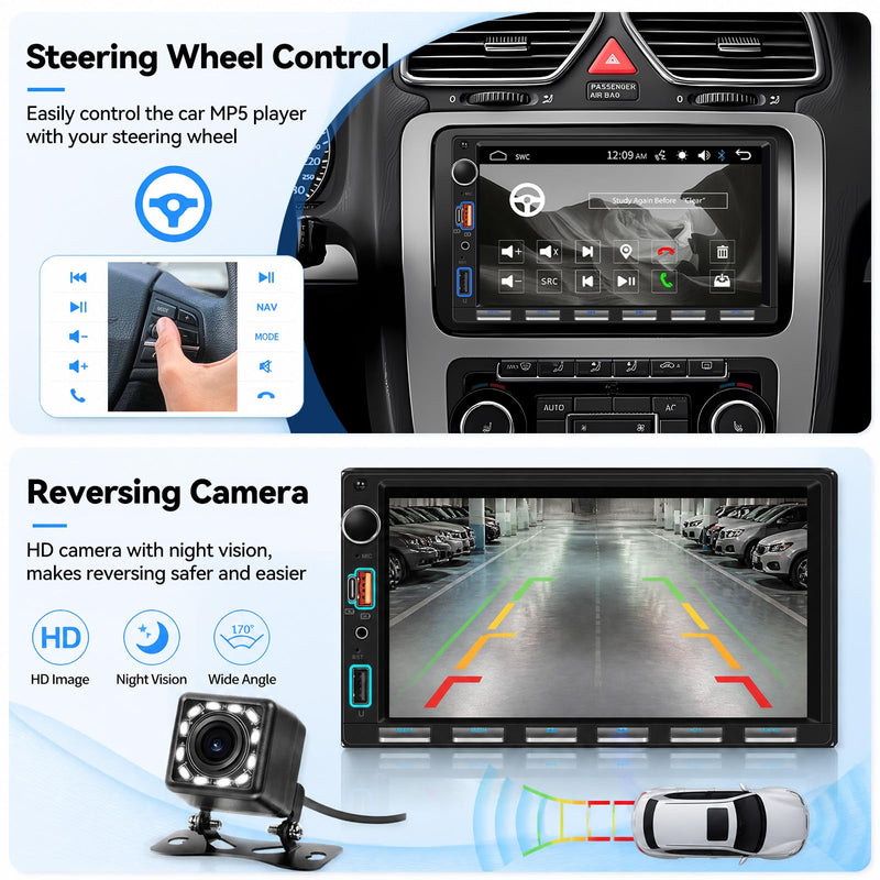 SIXTOP 7 Inch Double Din Car Stereo with Backup Camera Bluetooth 5.0 Hands-Free HD Touch Screen Car Radio MP5 Player Support Mirror Link, FM/Type-C/USB/AUX/SWC Car Audio Receiver P1